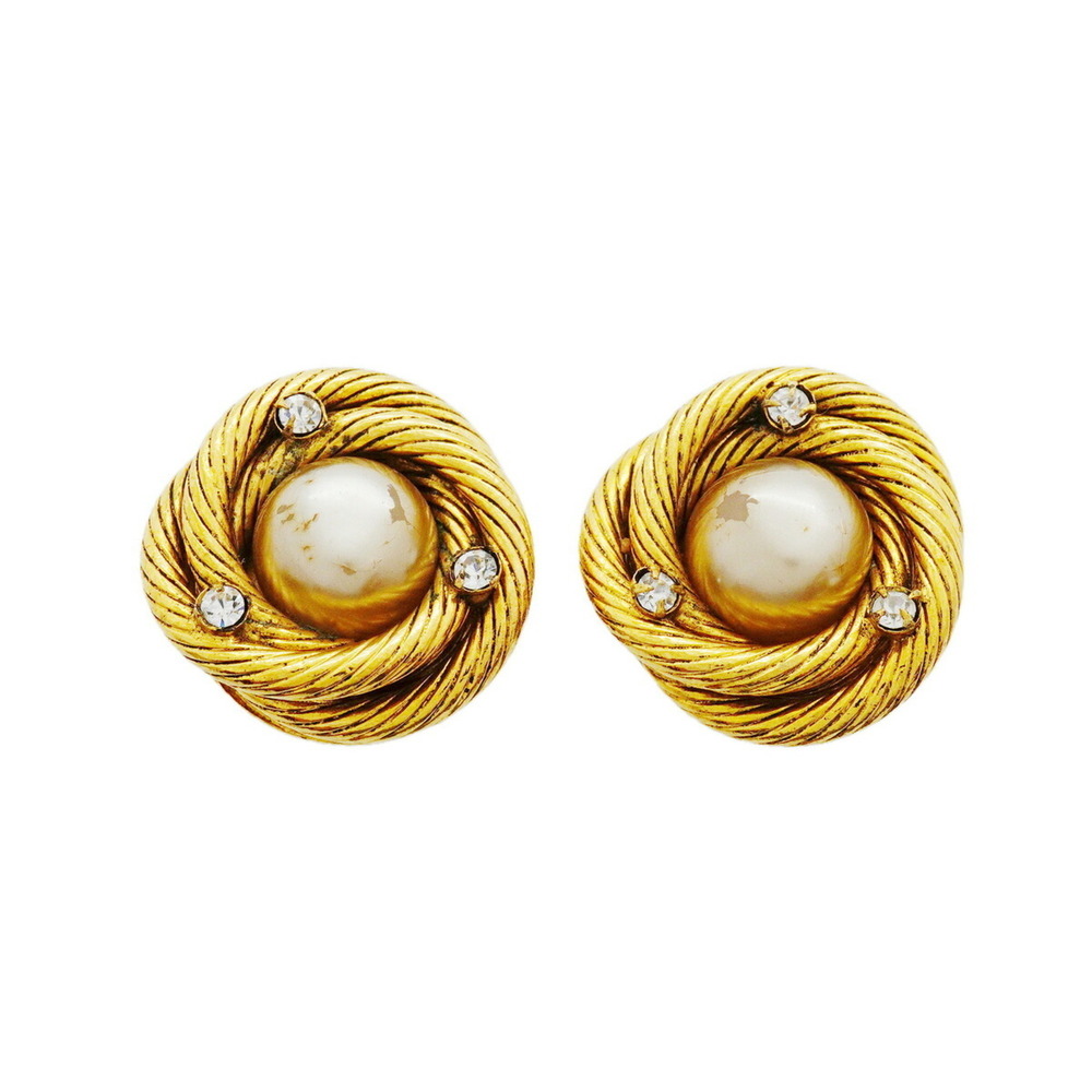Chanel Earrings, GP Plated, Faux Pearl, Rhinestone, Gold, Women's